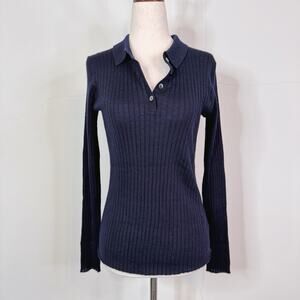 N. Peal Navy Collared Rib Cashmere Sweater Top Size S 100% Cashmere Polo Shirt